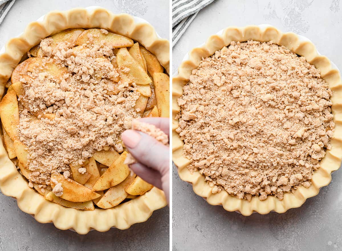 two photos showing how to make Apple Crumb Pie - sprinkling topping over filling