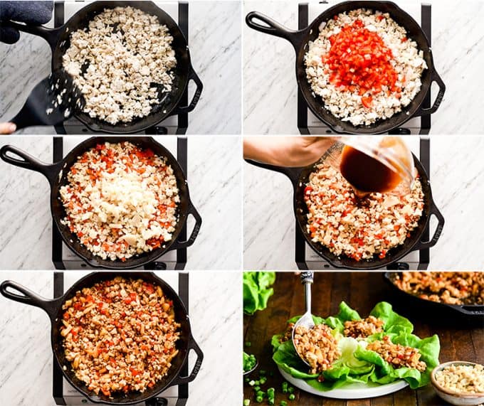 overhead view of six photos showing how to make this Asian Chicken Lettuce Wrap Recipe step-by-step