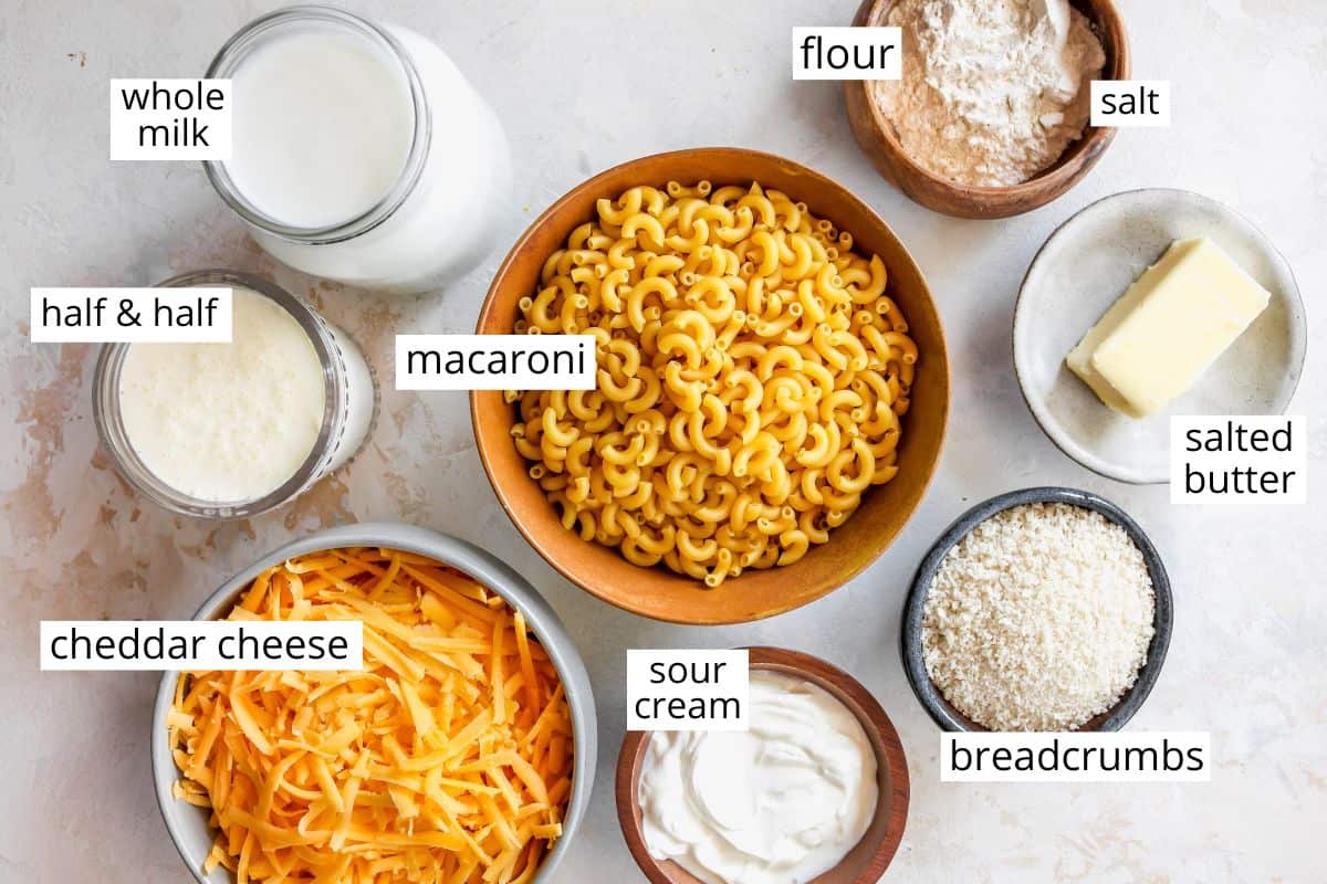 overhead view of the labeled ingredients in this Baked Mac and Cheese recipe