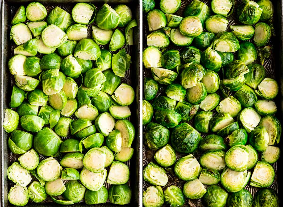 two overhead photos showing how to make roasted brussel sprouts