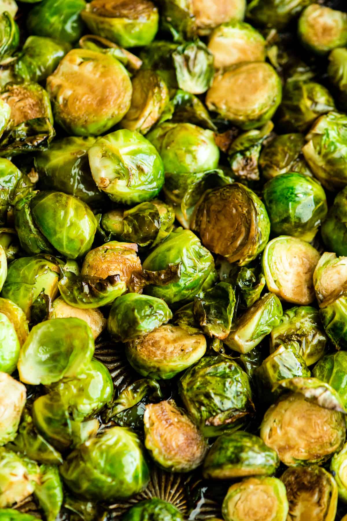 overhead view of balsamic roasted brussel sprouts in the baking pan