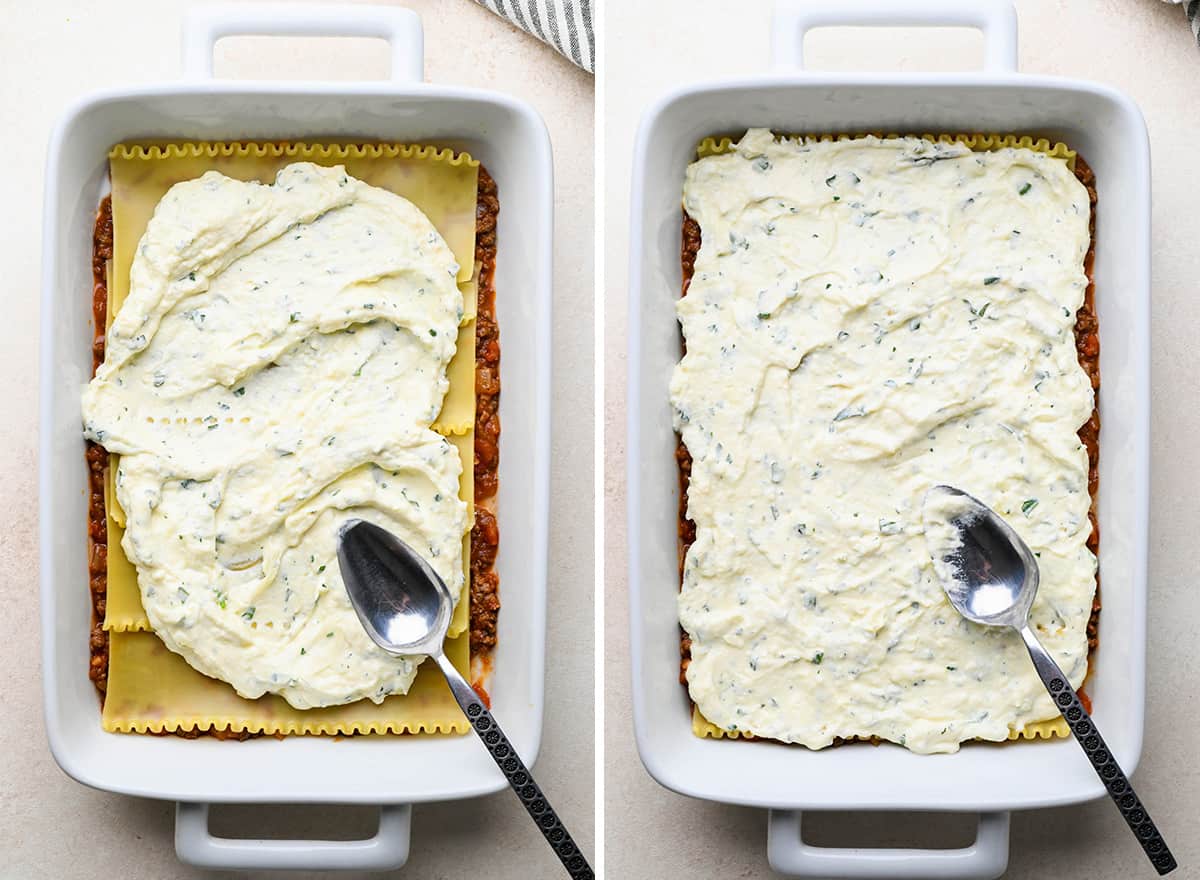 two photos showing how to assemble beef lasagna -adding ricotta filling