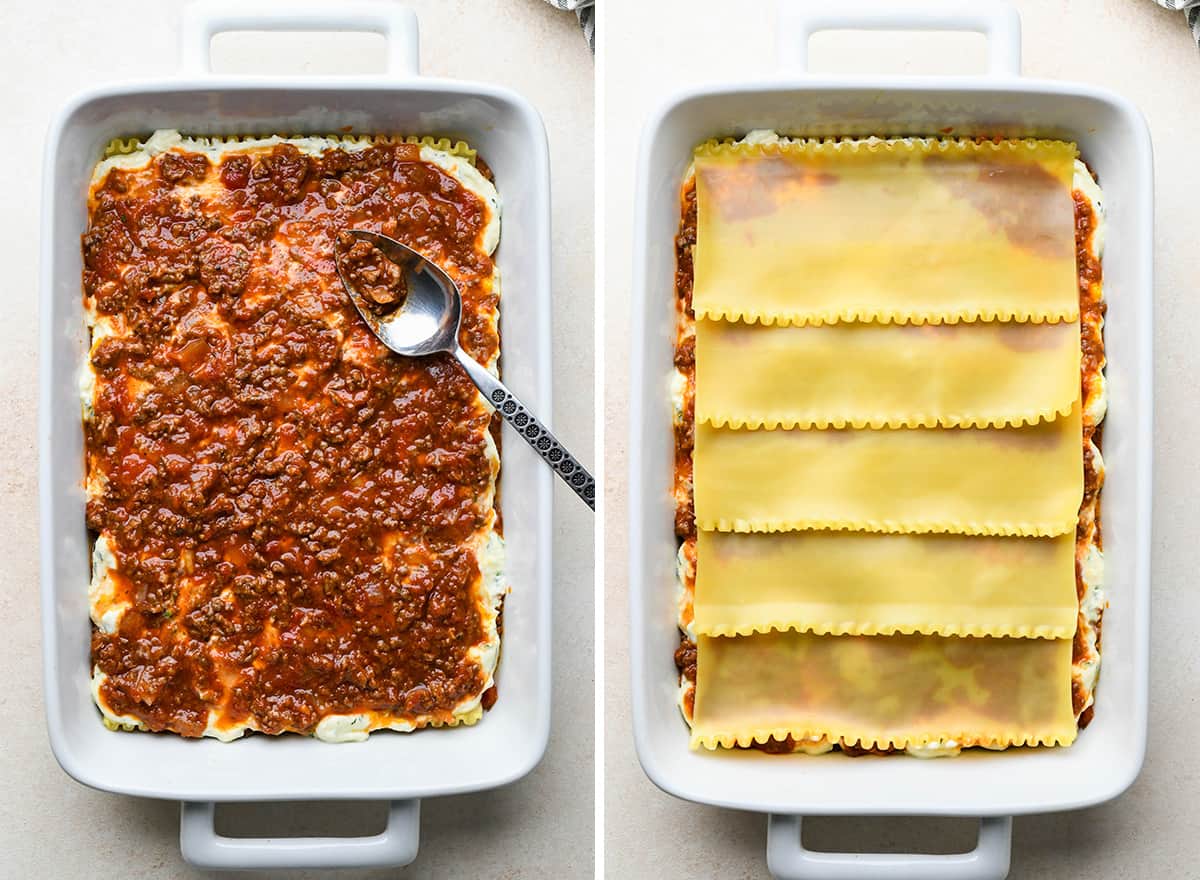 two photos showing how to make beef lasagna - spreading meat sauce over ricotta and adding noodles