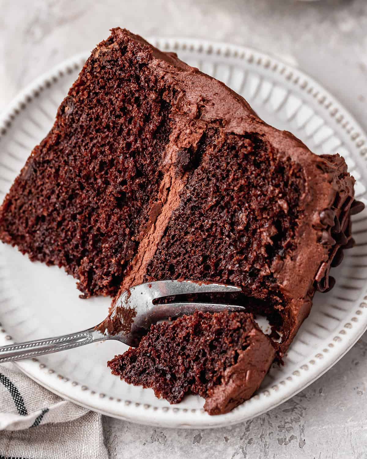 a fork taking a bite of Chocolate Cake on a plate