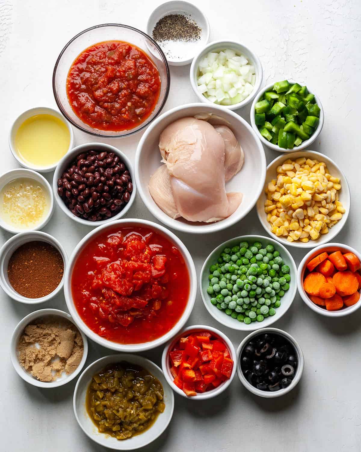 overhead view of the ingredients in this chicken chili recipe