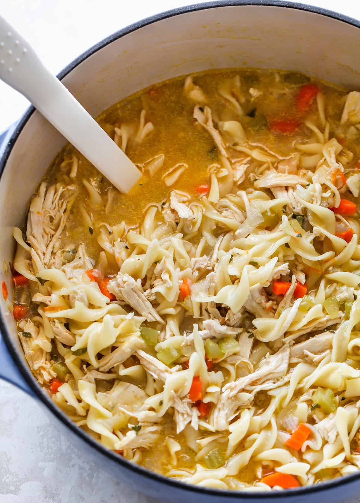 overhead view of a pot of Homemade Chicken Noodle Soup