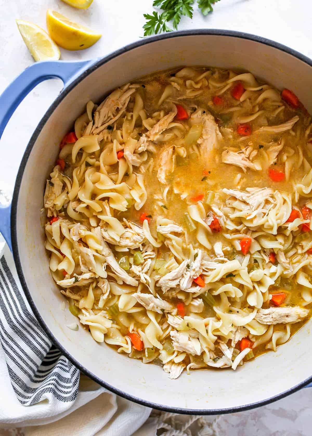 overhead photo fo a pot of Homemade Chicken Noodle Soup Recipe