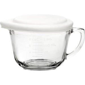 Front view of a glass batter bowl, part of the list of Best Kitchen Gifts (for the Hostess, Chef or Foodie)