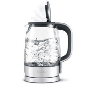 Front view of a glass electric tea kettle, part of the list of Best Kitchen Gifts (for the Hostess, Chef or Foodie)