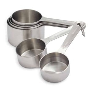 Front view of a set of metal measuring cups, part of the list of Best Kitchen Gifts (for the Hostess, Chef or Foodie)