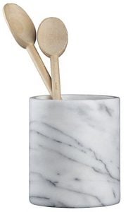 Front view of a marble utensil holder, part of the list of Best Kitchen Gifts (for the Hostess, Chef or Foodie)