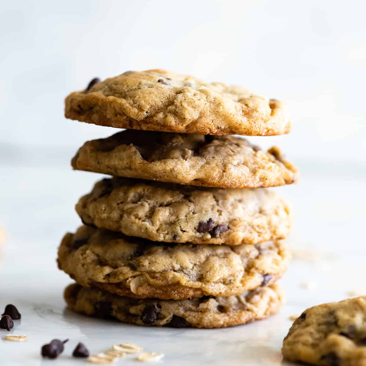  stack of 5 oatmeal cookies with chocolate chips