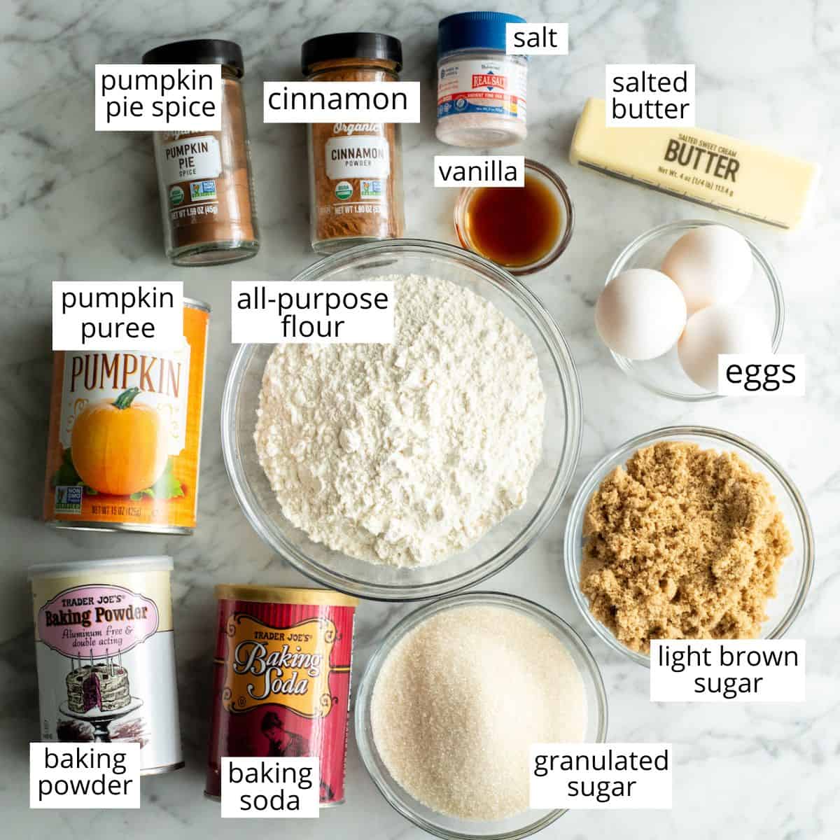 overhead view of the ingredients in this pumpkin bread recipe