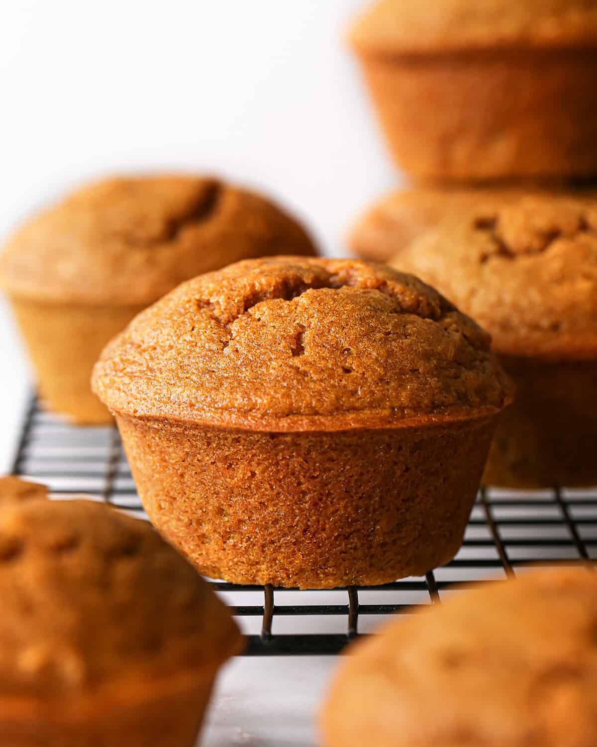 front view of a Pumpkin Muffin on wire cooling rack with other muffins around it