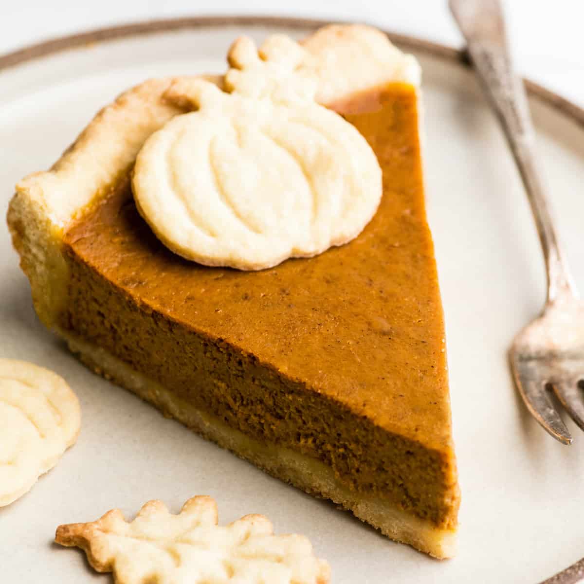 Front/overhead view of a slice of the best pumpkin pie on a plate 