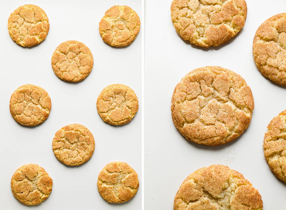two photos showing snickerdoodles after baking on a baking sheet