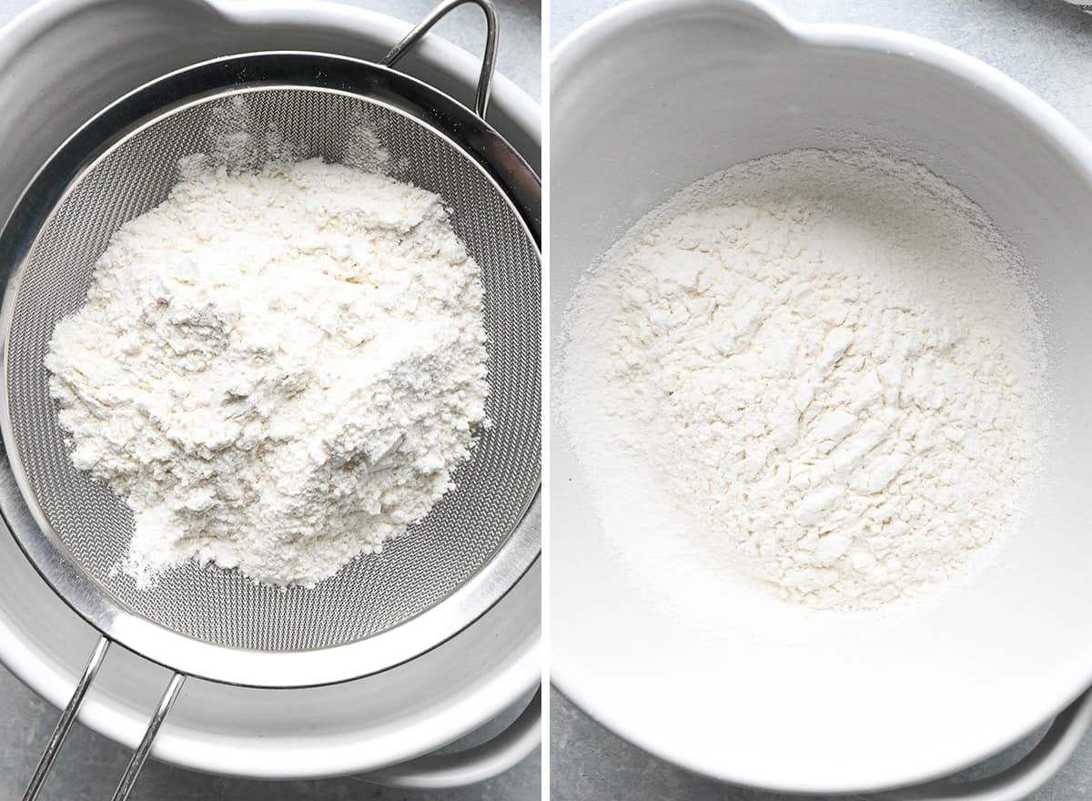 two photos showing how to make snickerdoodle cookies - sifting flour