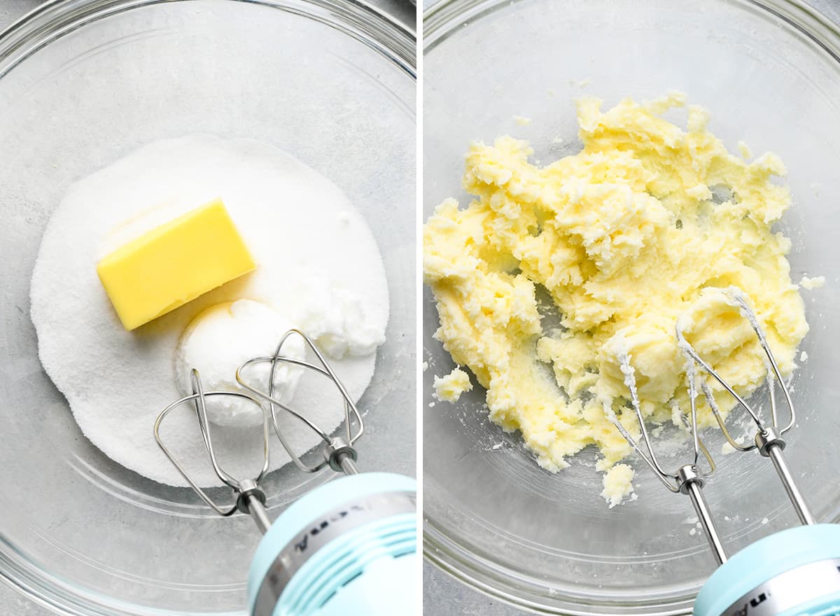 two photos showing how to make snickerdoodle cookies - beating butter, shortening and sugar