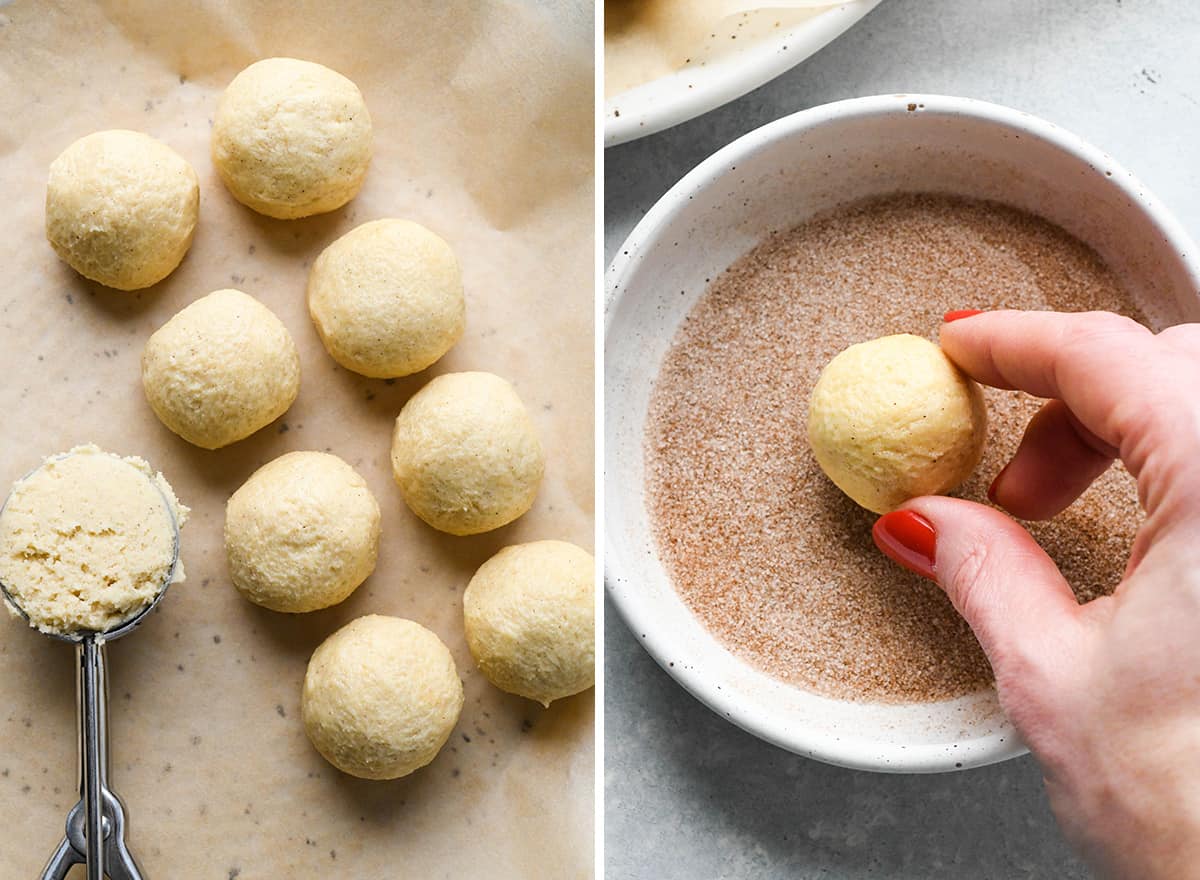 two photos showing how to make snickerdoodle cookies - rolling in cinnamon sugar
