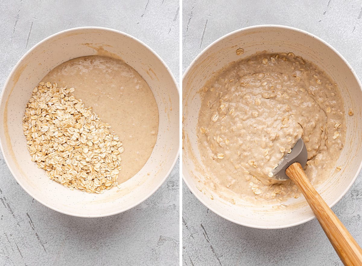 two photos showing adding oats to these blueberry oat muffins batter