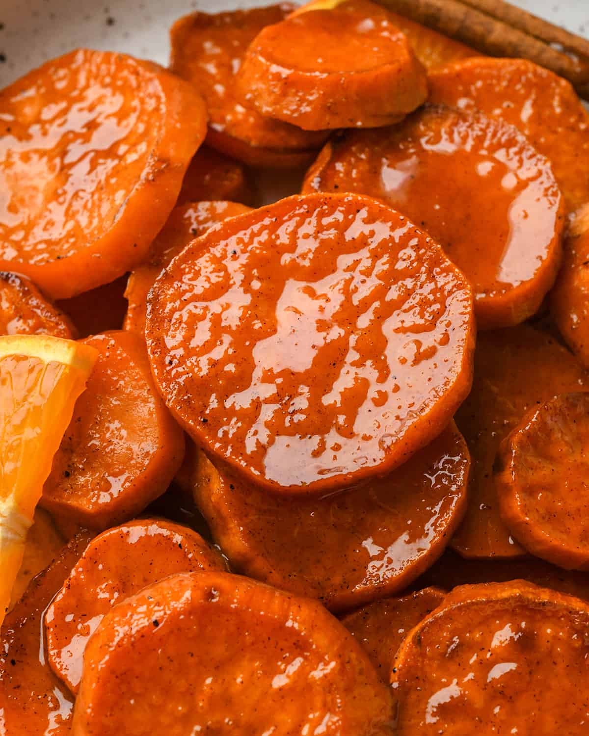 up close photo of Candied Yams on a plate