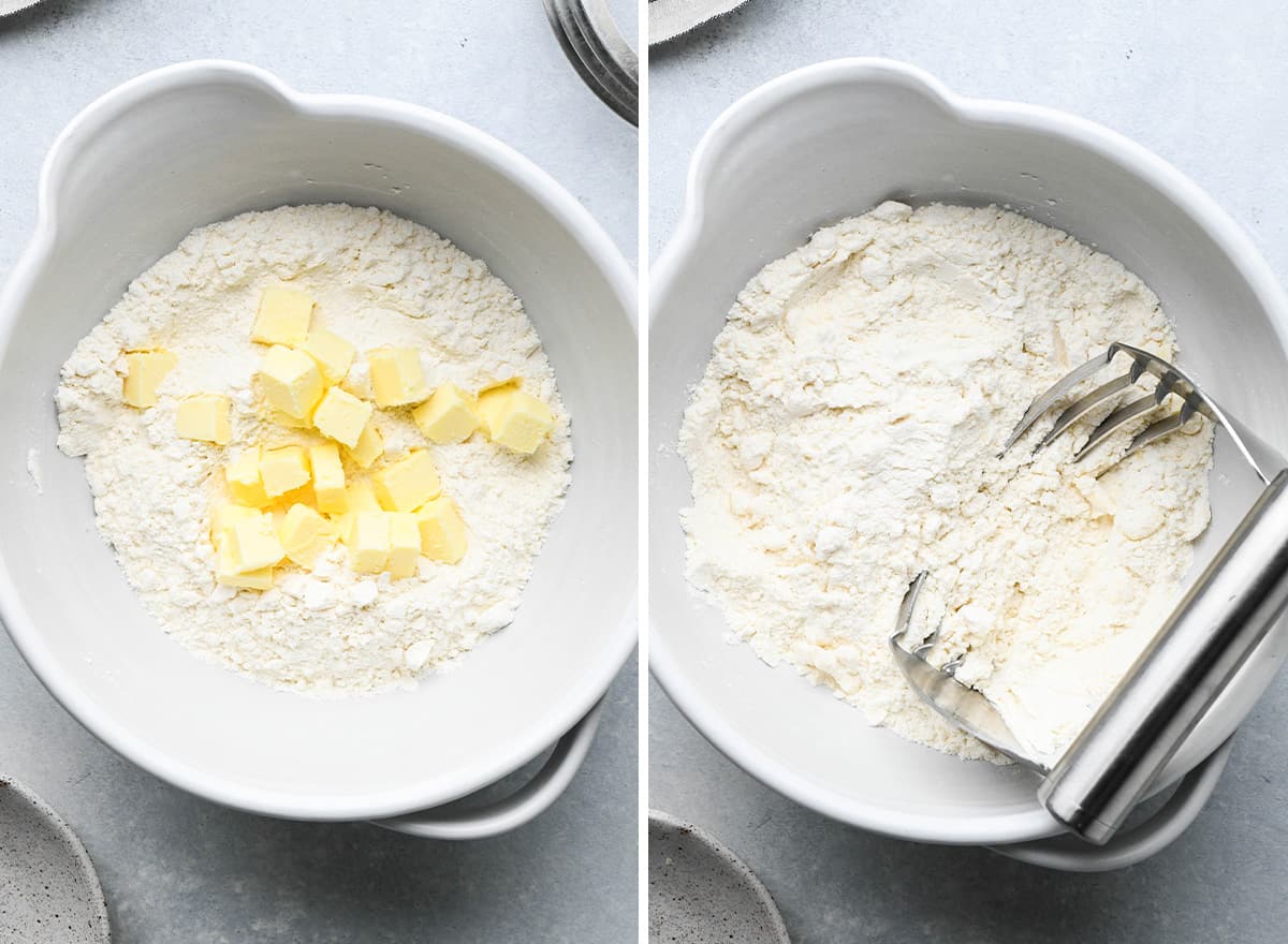 two photos showing how to make cheese biscuits - cutting in butter