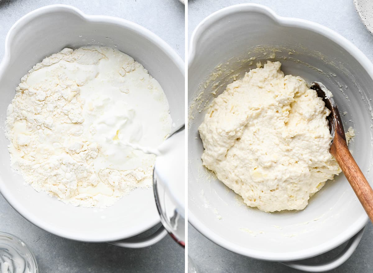 two photos showing how to make cheese biscuits - adding wet ingredients