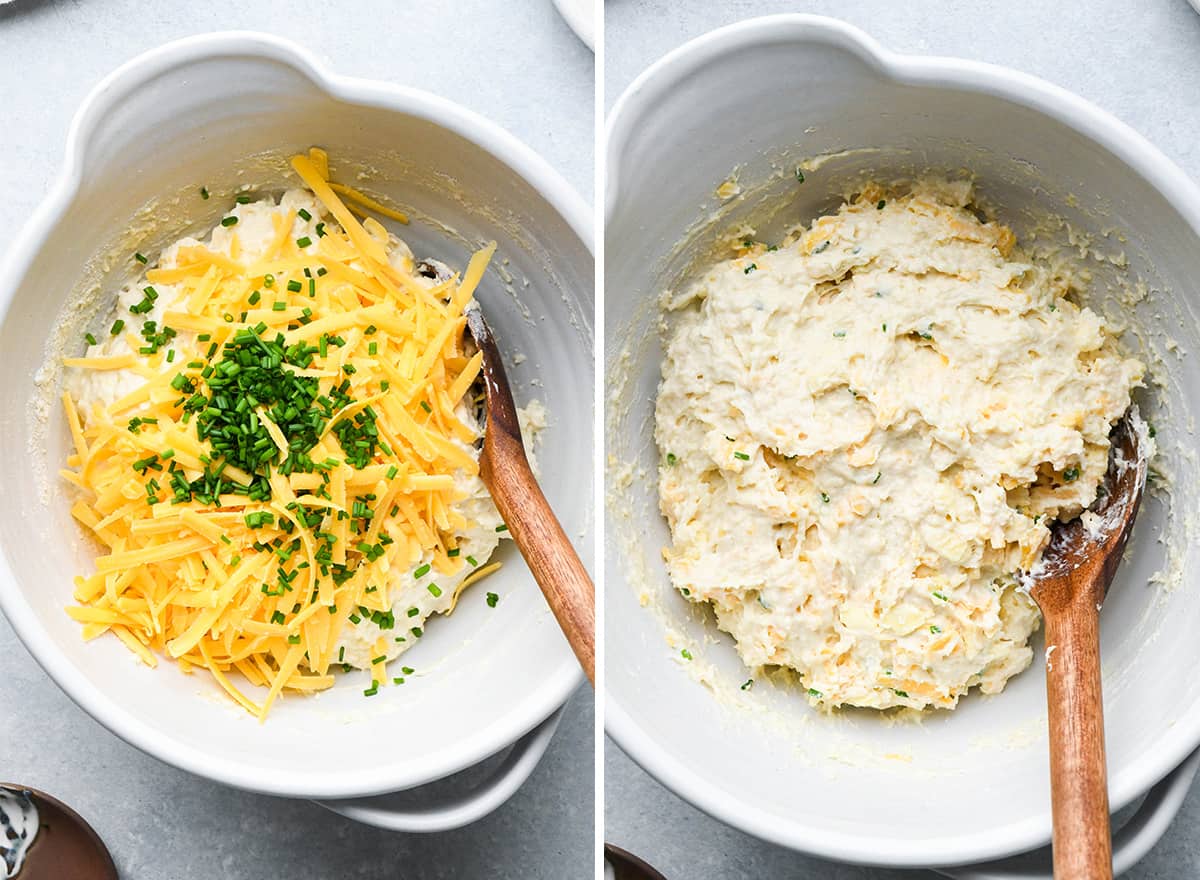 two photos showing how to make cheese biscuits - adding cheese and chives