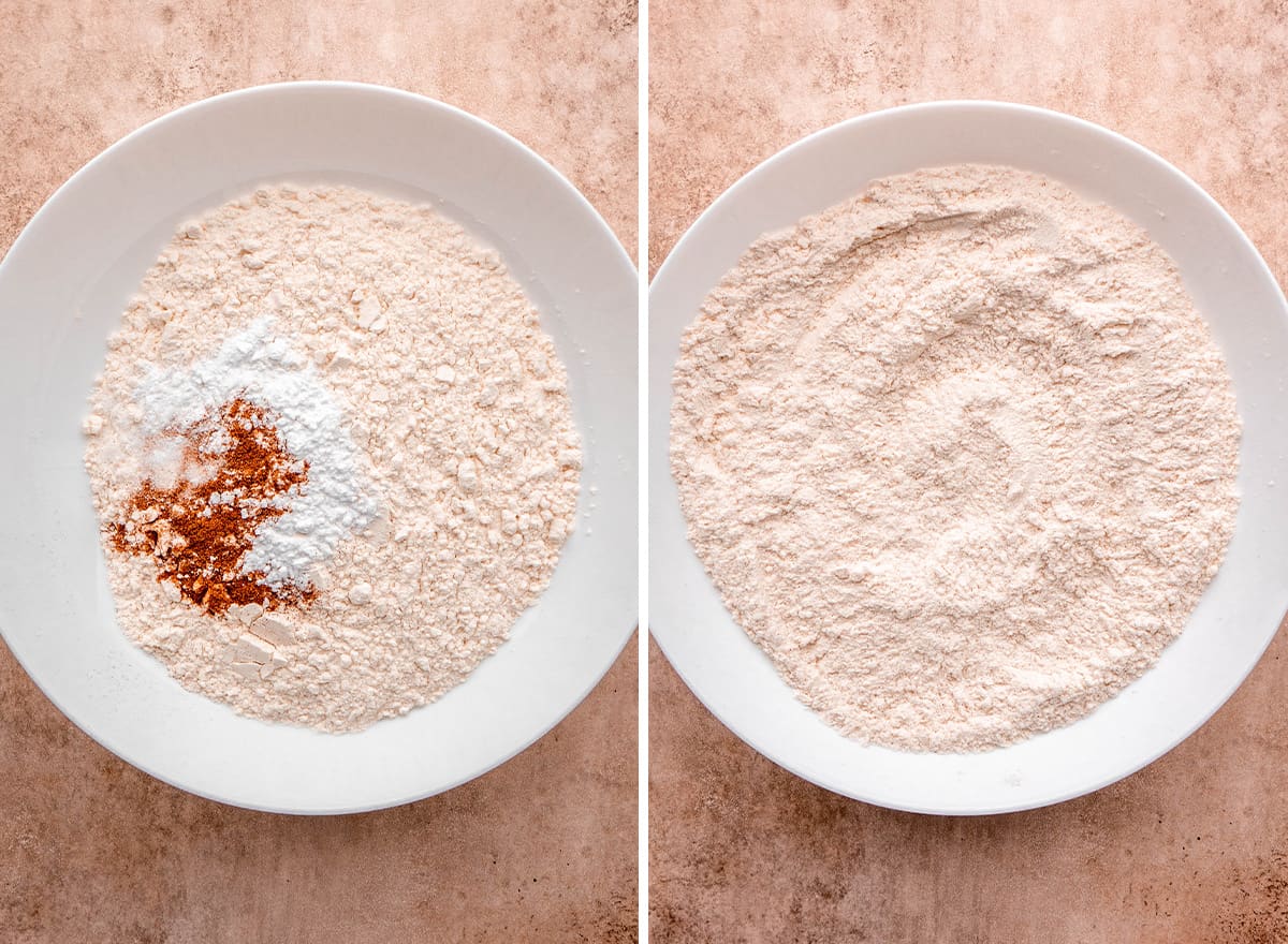 two photos showing how to make Cherry Muffins -  combining dry ingredients 