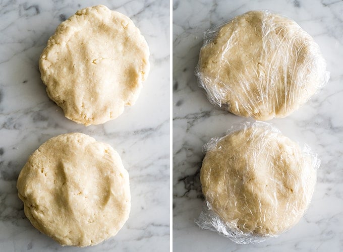 two overhead photos showing how to make a chicken pot pie crust