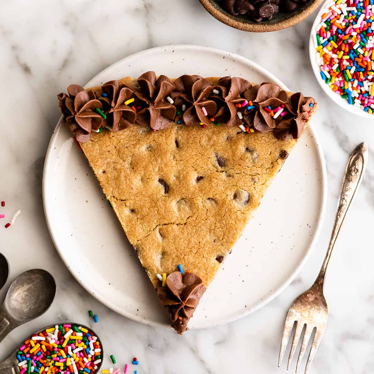 overhead view of a pice of Chocolate Chip Cookie Cake Recipe