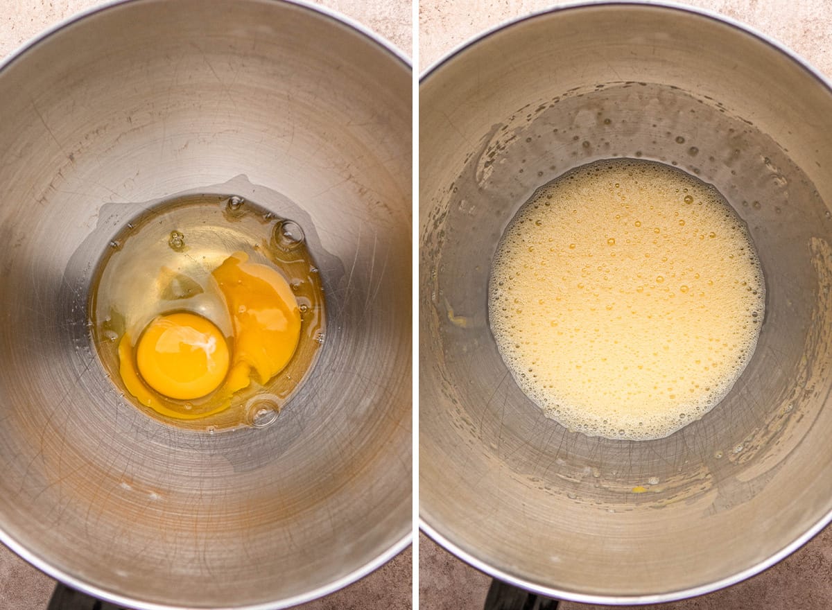 two photos showing how to make cookie pie - beating eggs until foamy