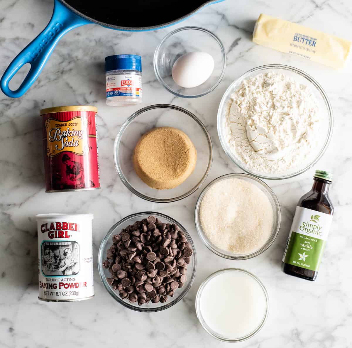 overhead view of the ingredients in this skillet cookie recipe