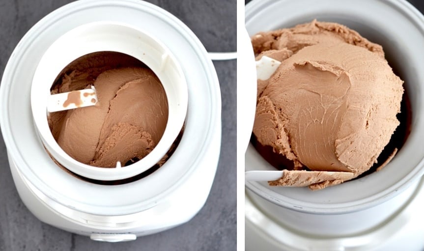 overhead collage of two photos of the dairy-free chocolate peanut butter ice cream in the ice cream maker. One with it in the maker, one with the paddle lifted out showing the consistency of the ice cream