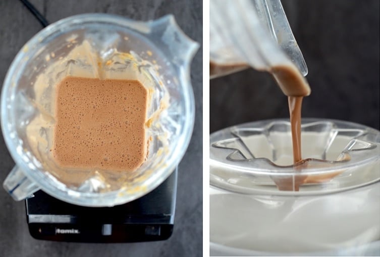 Collage of two pictures, one is an overhead view of the ice cream mixture blended in the vitamix, the second is a side view of the dairy-free chocolate peanut butter ice cream base being poured into the ice cream maker