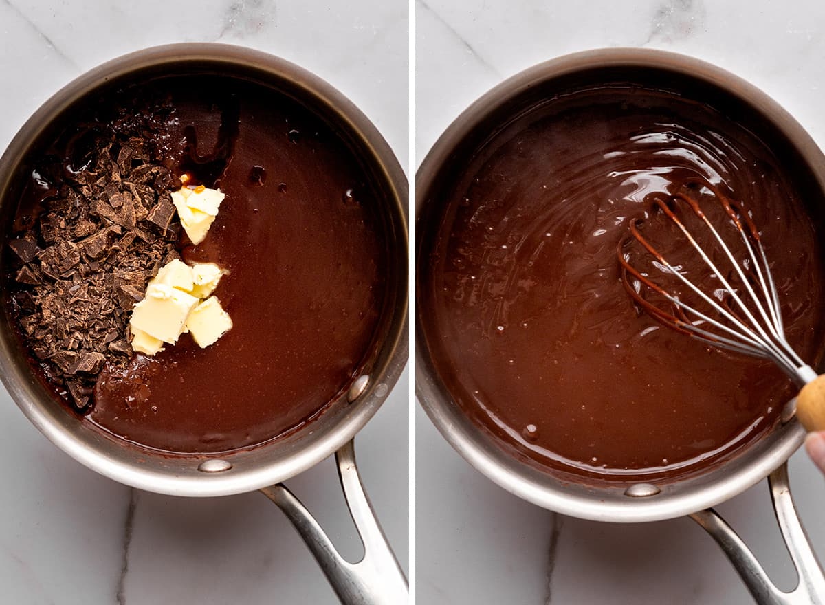 two photos showing how to make chocolate pudding pie - adding chocolate and butter and whisking