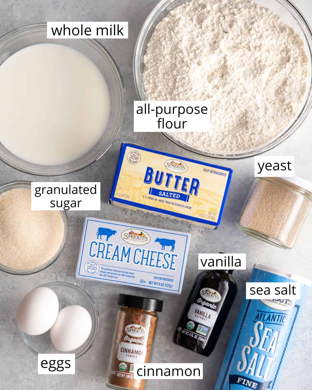 overhead view of the ingredients in this cinnamon rolls recipe
