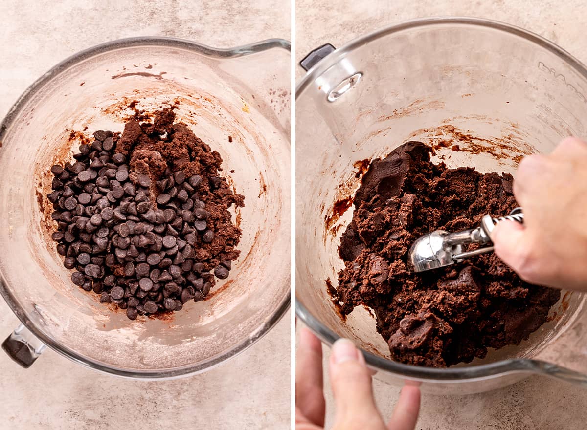 two photos showing How to Make Coffee Cookies - adding chocolate chips and scooping dough