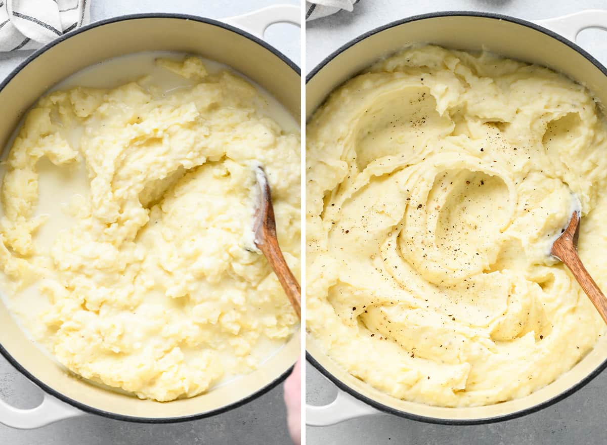 two photos showing adding milk to mashed potatoes to make Cream Cheese Mashed Potatoes