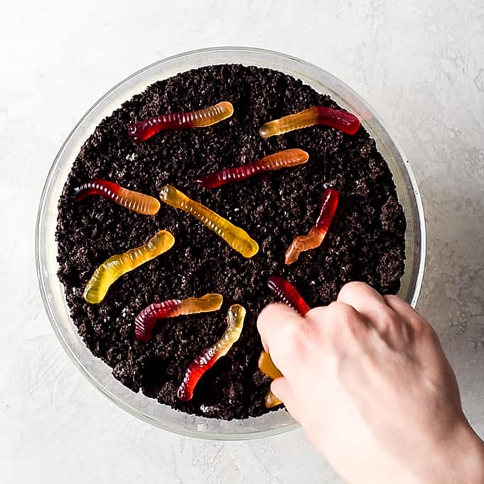 Overhead view of a hand adding gummy worms to the top of this Oreo Dirt Cake in a round glass trifle dish
