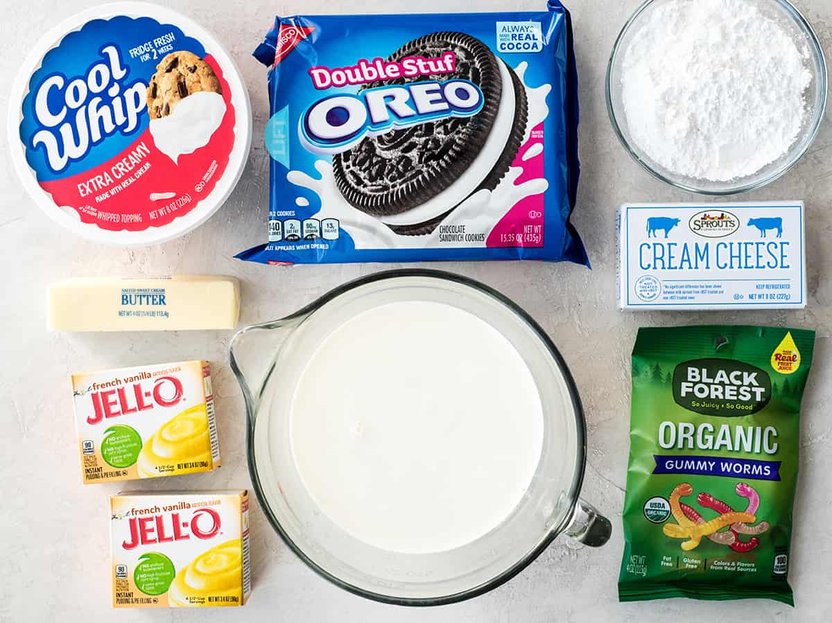 overhead view of the ingredients in this Oreo dirt cake recipe