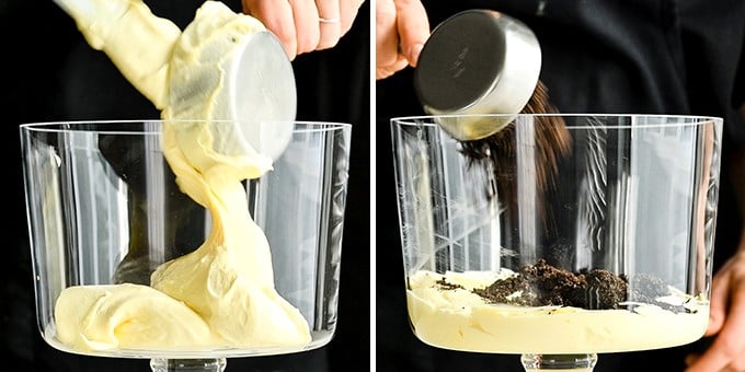 two photos showing the front of a glass trifle dish. The left photo shows a hand measuring 1 cup of pudding into the dish, the right shows a hand adding crushed oreos on top of the pudding layer in this Oreo Dirt Cake