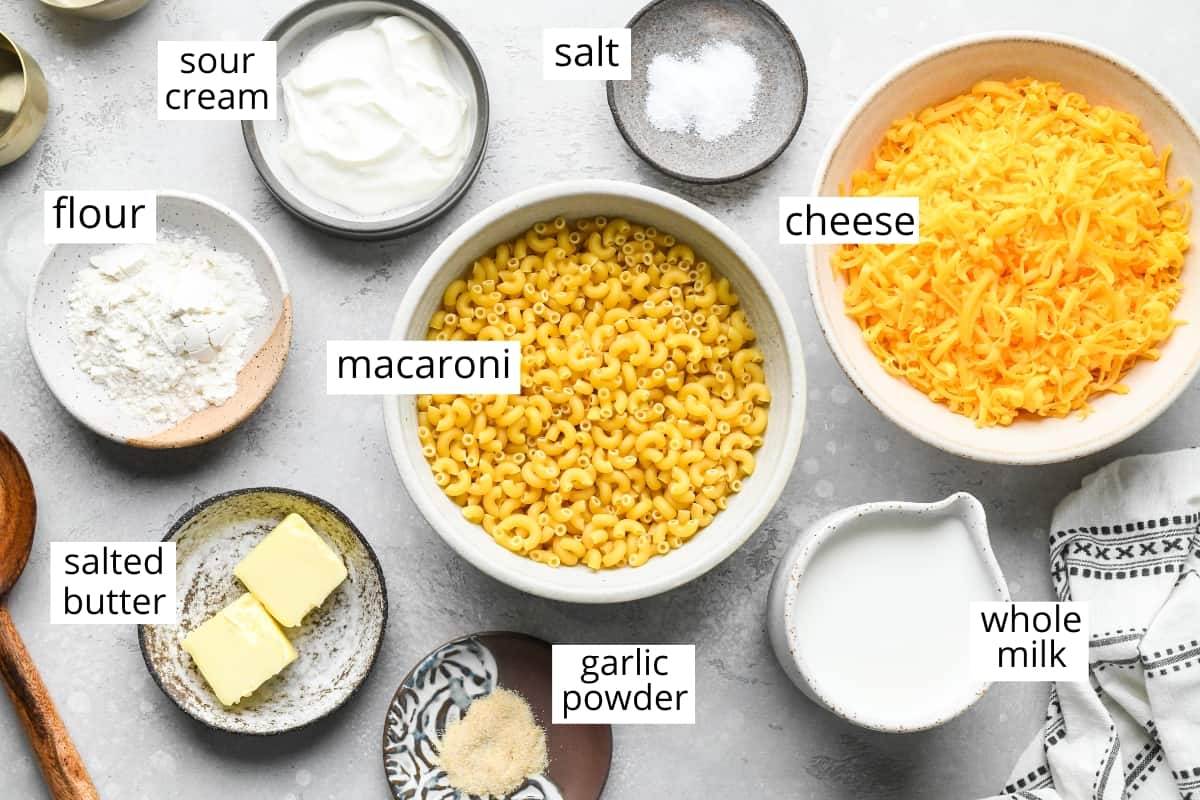overhead photo of the labeled ingredients in this Homemade Mac and Cheese Recipe