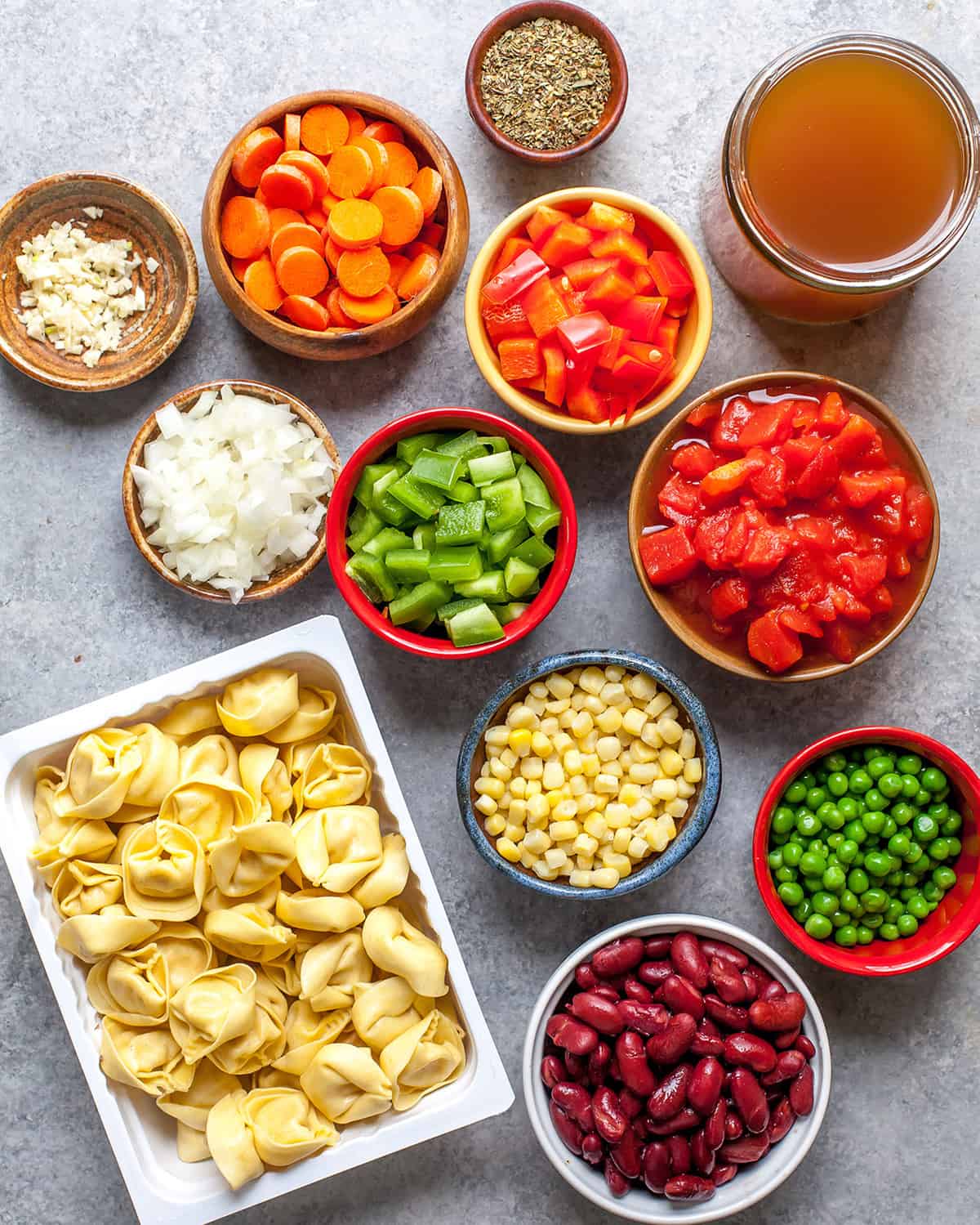 overhead view of the ingredients in this tortellini soup recipe