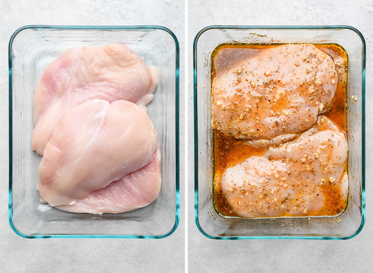 two photos showing chicken being marinated in Greek Chicken Marinade