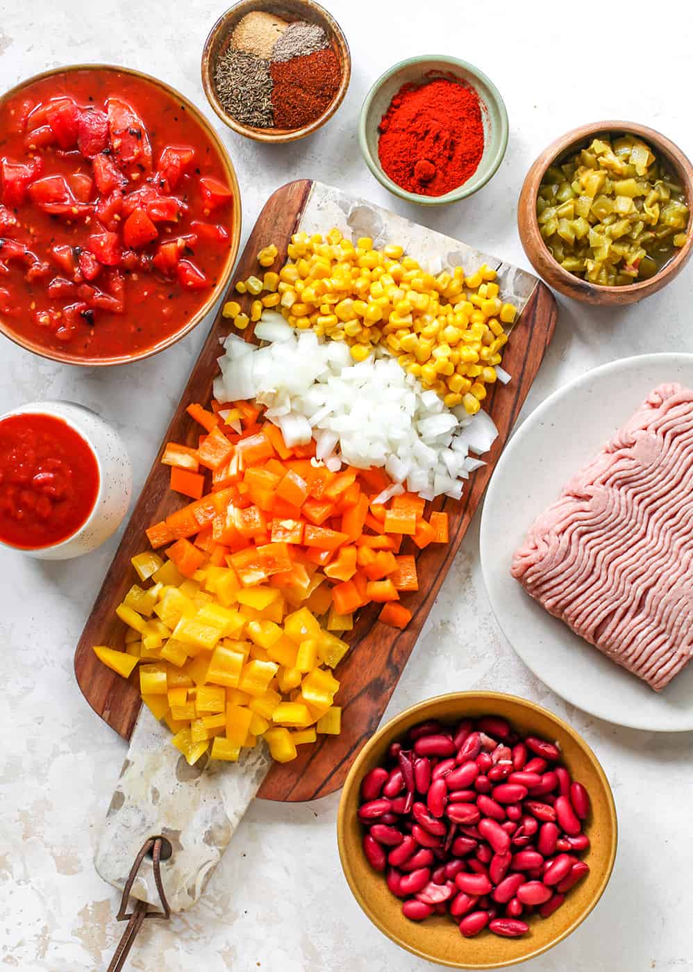 Overhead view of the ingredients in this turkey chili recipe