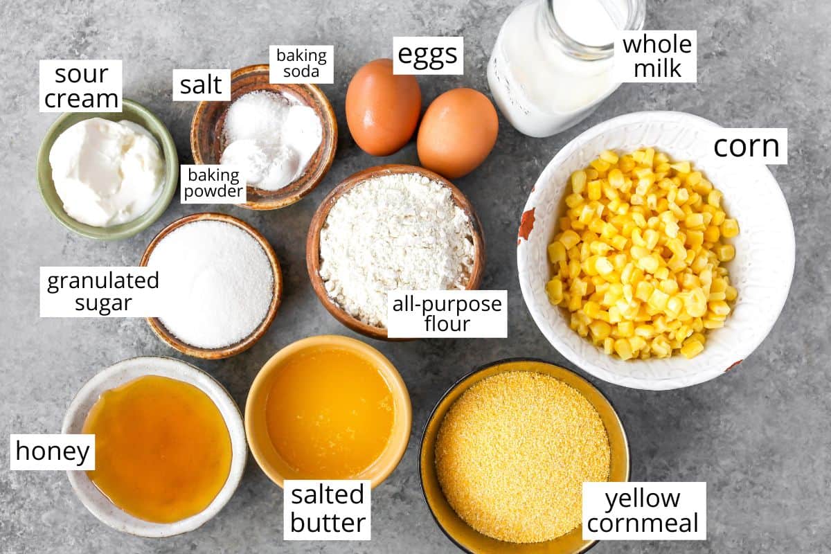 overhead view of the labeled ingredients in this cornbread recipe