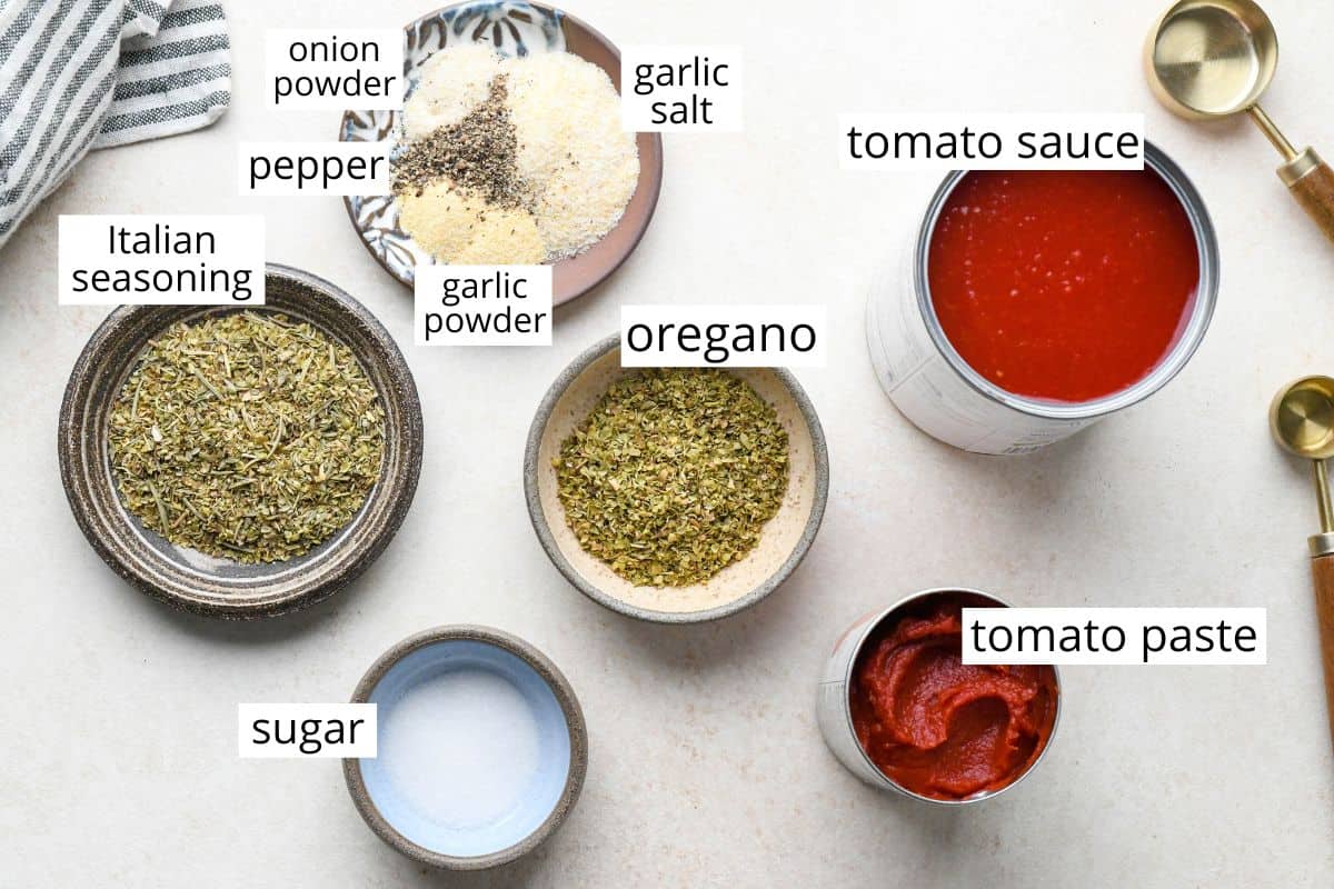 overhead photo of the ingredients in this pizza sauce recipe