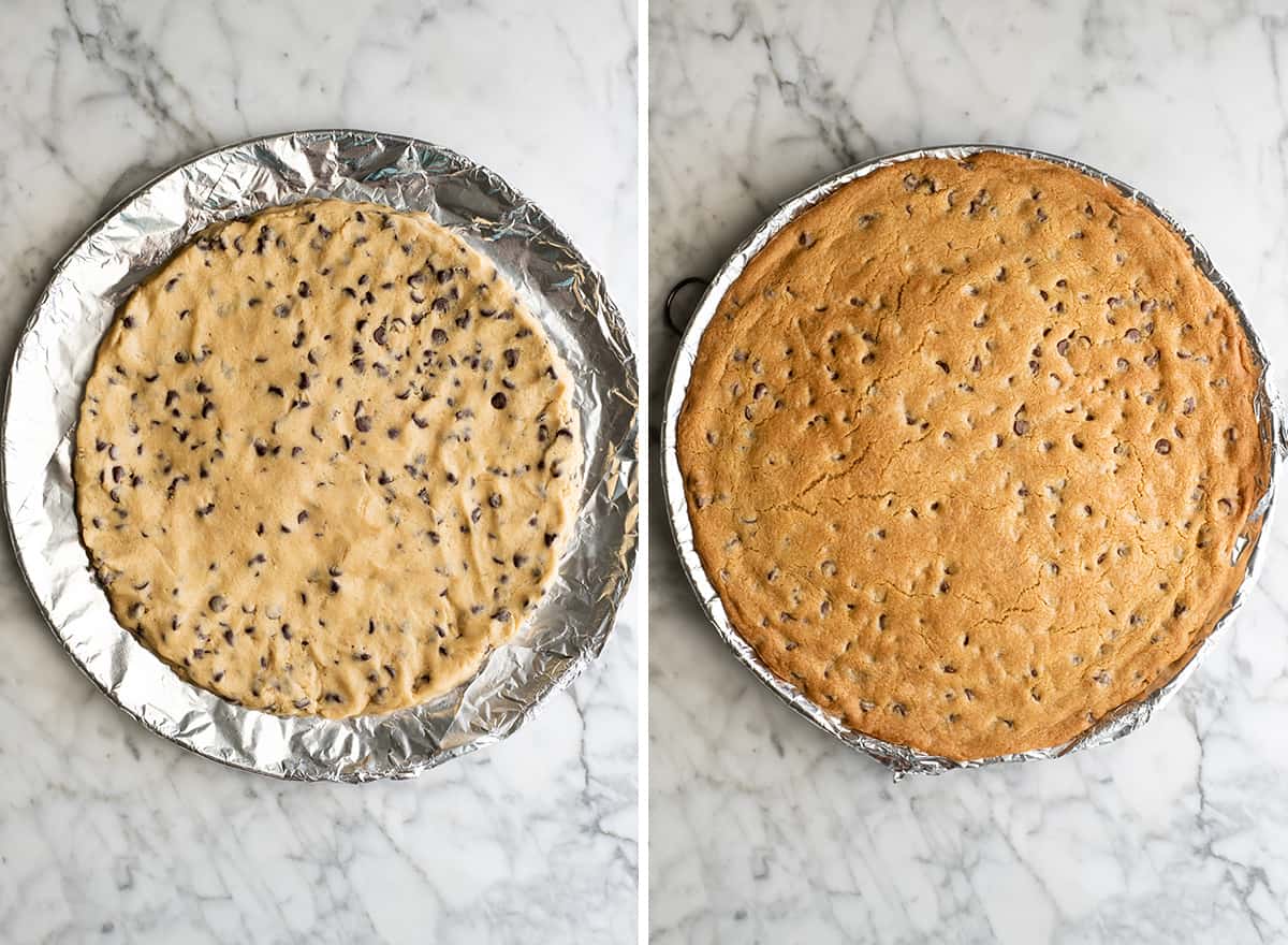 two overhead photos showing How to Make a Cookie Cake