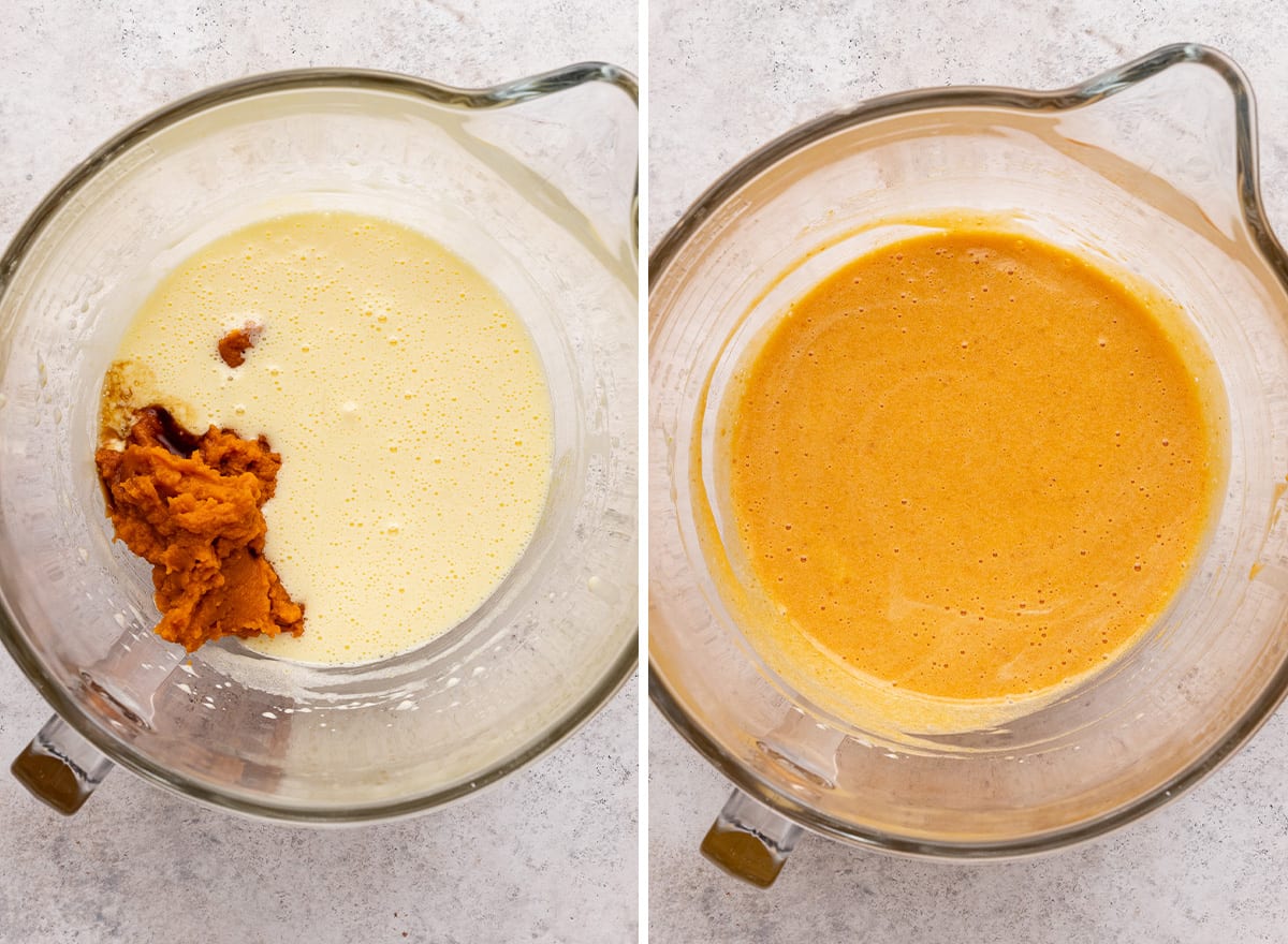 two photos showing How to Make a Pumpkin Roll cake - adding pumpkin puree